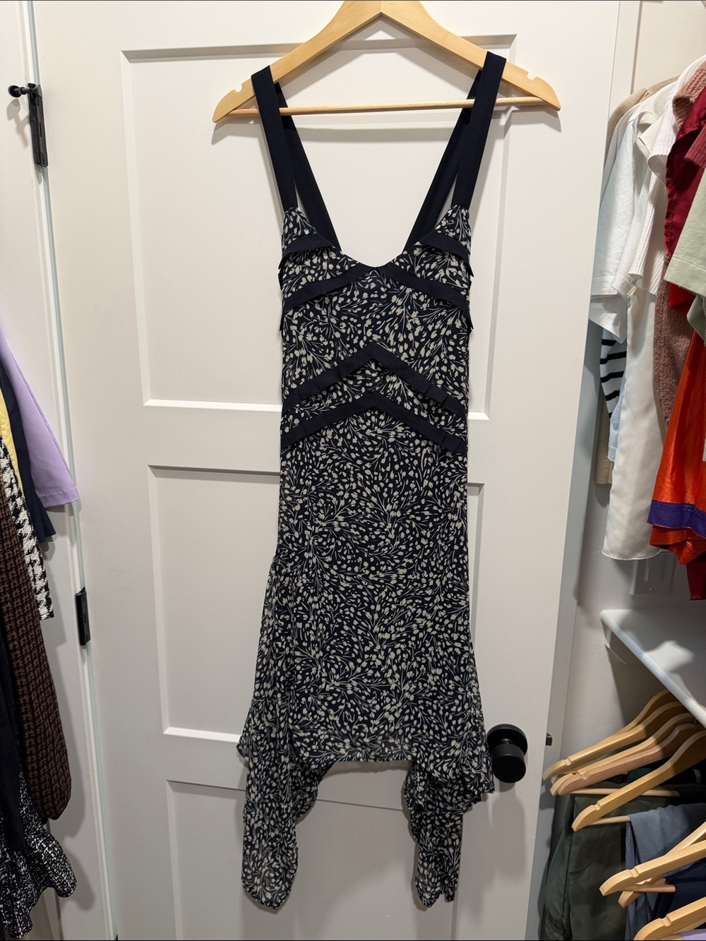 BCBG Navy and Cream Asymmetrical Floral Handkerchief Dress